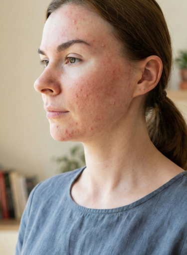 Side profile of a woman with acne and skin redness Female doctor in white coat with stethoscope