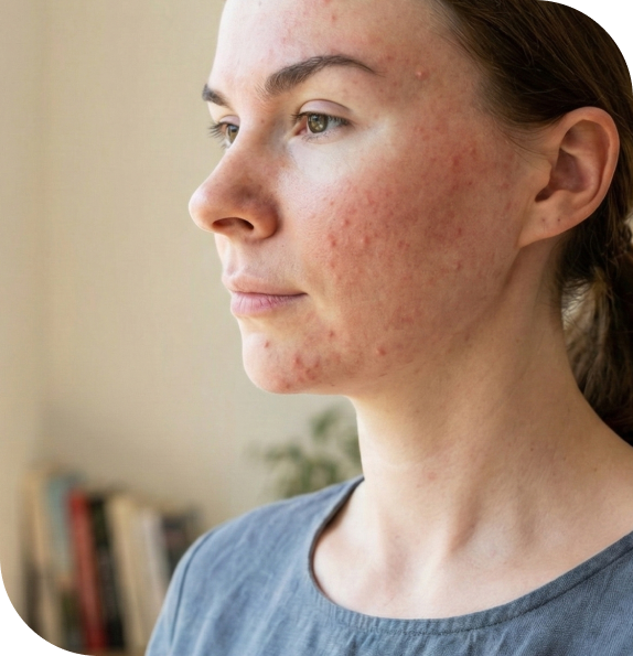 Side profile of a woman with acne and skin redness Female doctor in white coat with stethoscope