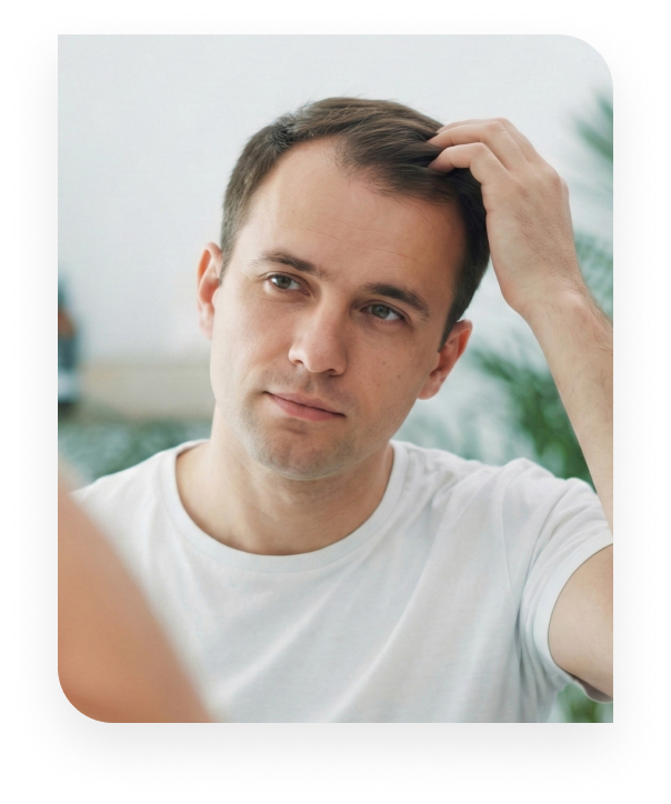 A front view of a man in a white t-shirt looking at his reflection in a mirror while running his fingers through his hair, inspecting his hairline or scalp concern.