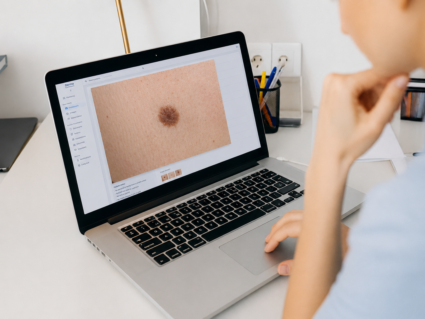 Švari sąsajos vizualizacija, vaizduojanti gydytoją arba specialistą, peržiūrintį surinktus paciento vaizdus ir diagnostinius duomenis skaitmeniniame darbalaukio prietaisų skydelyje.