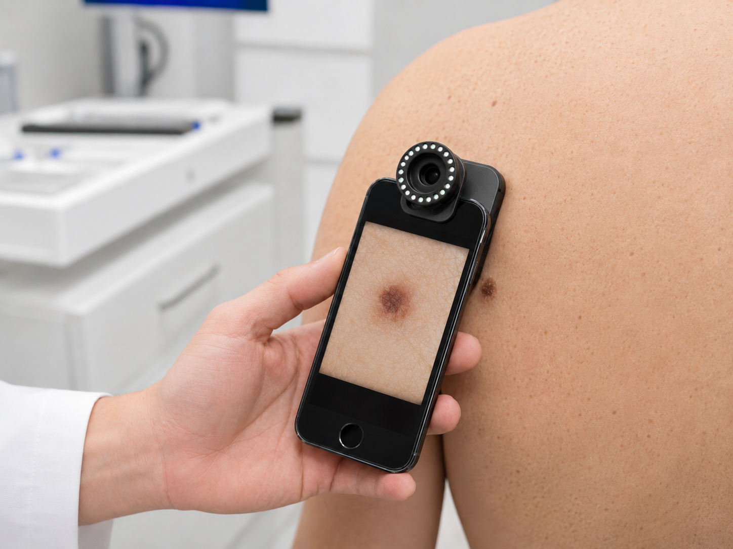 Naudotojo darbo eigos grafika, vaizduojanti išmanųjį telefoną arba specializuotą medicininę kamerą, daranti aiškią odos pažeidimo nuotrauką stambiu planu dokumentacijai.